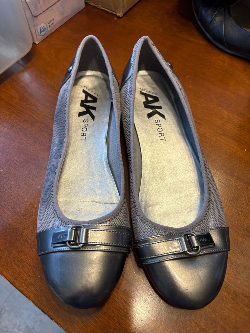 Anne Klein Sport Gray Mesh and Leather Ballet Flats with Buckle Detail